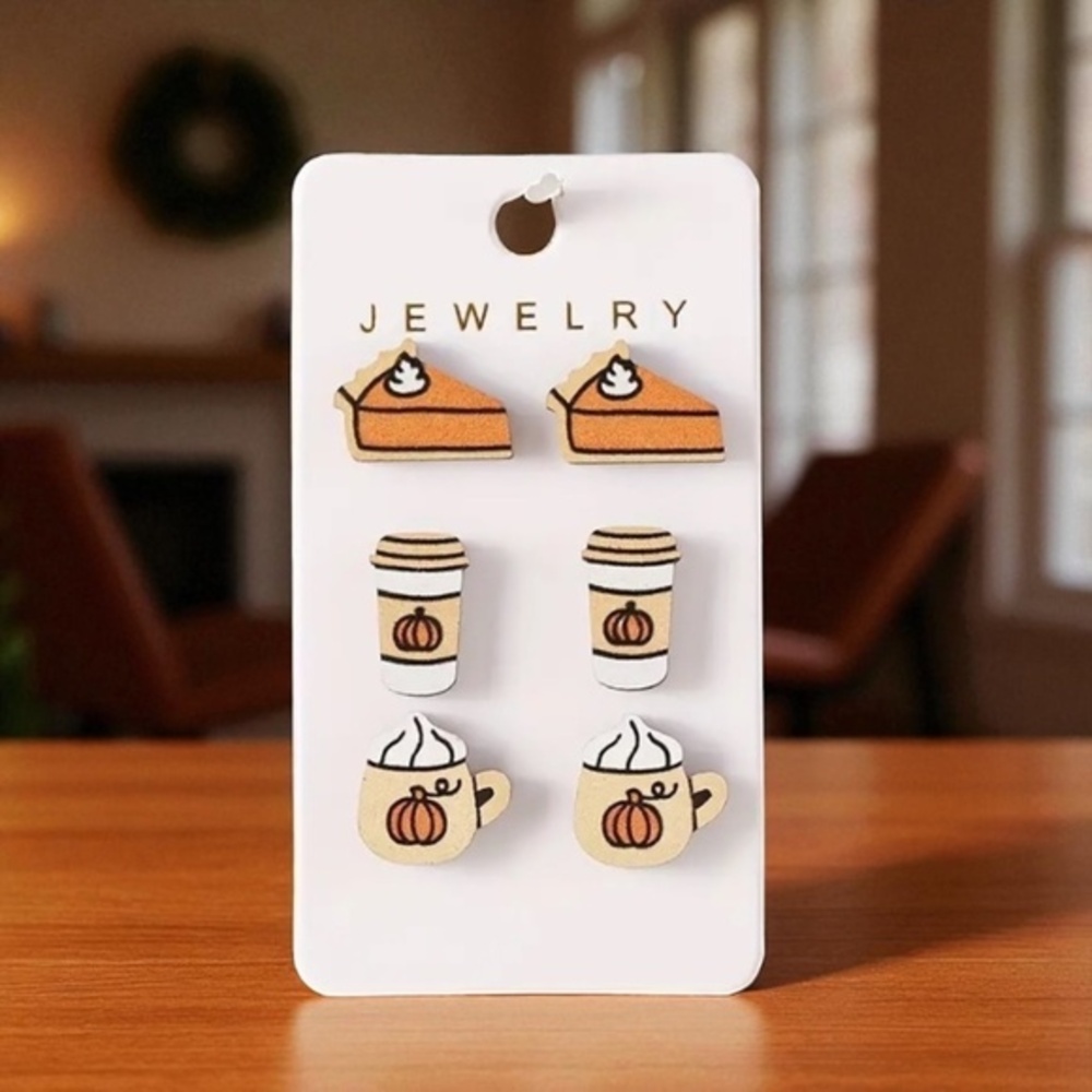 New ☕️ 3 Pairs Latte Fall Studs Earrings Set Autumn Harvest Pumpkin Fall Design